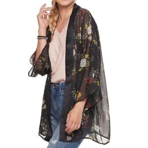 Sheer Kimono Robe Floral Open Front Cardigan Black Satin Tuxedo Women’s One Size
